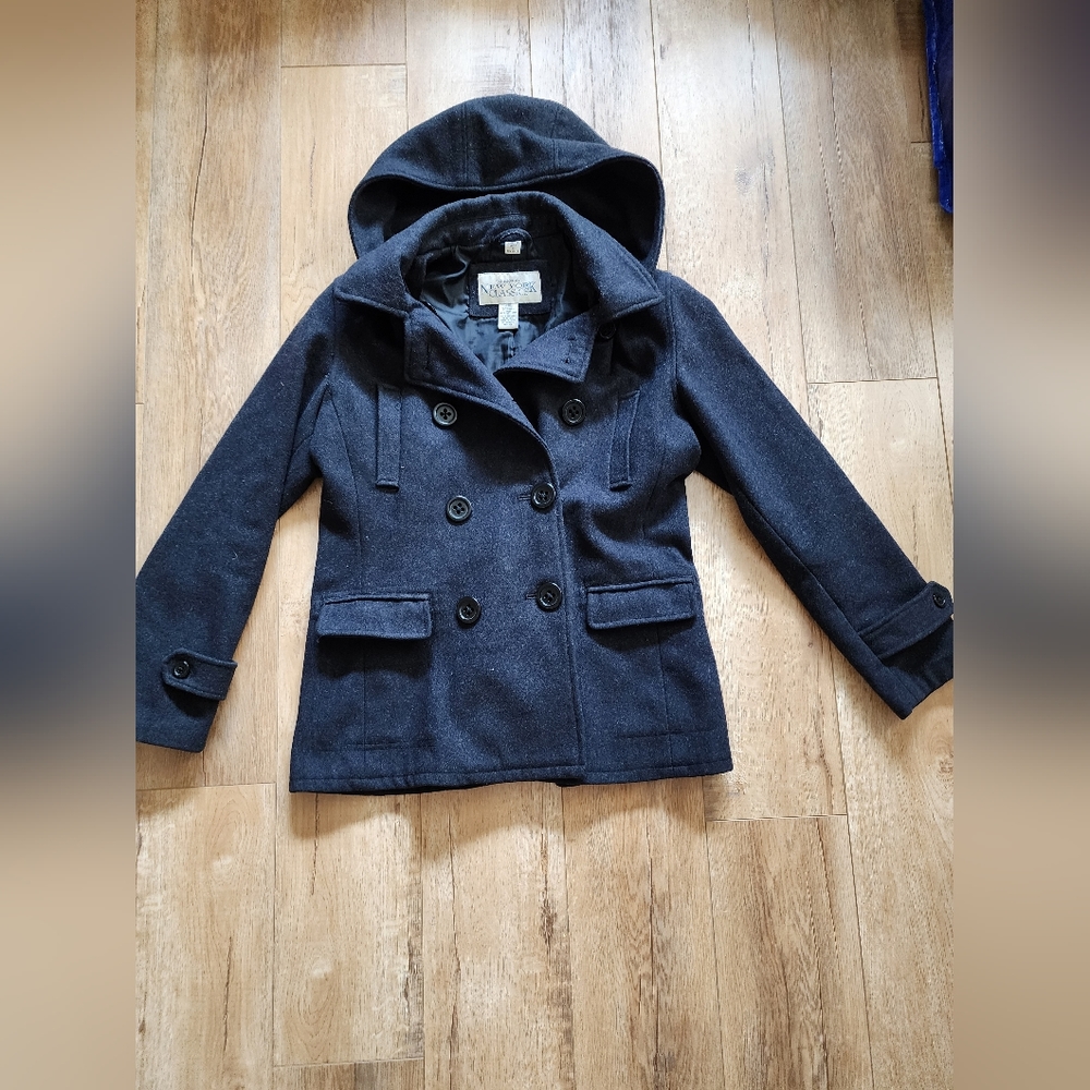 New York Classics Women's Black Wool Button Up Hooded Jacket Pea Coat Sz S
